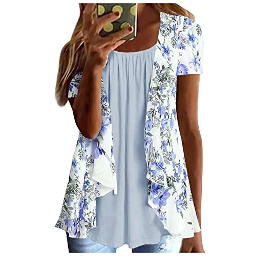 Lexi™ - Blouses for Women Dressy Casual Crewneck Short Sleeve T Shirts Summer Elegant Floral Printed Cardigan Two Piece Tops