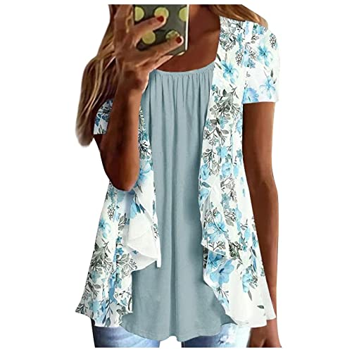 Lexi™ - Blouses for Women Dressy Casual Crewneck Short Sleeve T Shirts Summer Elegant Floral Printed Cardigan Two Piece Tops