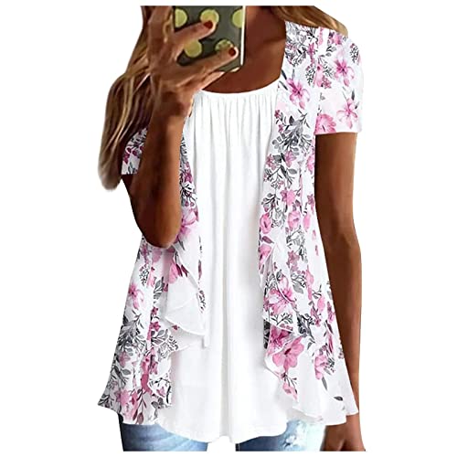 Lexi™ - Blouses for Women Dressy Casual Crewneck Short Sleeve T Shirts Summer Elegant Floral Printed Cardigan Two Piece Tops