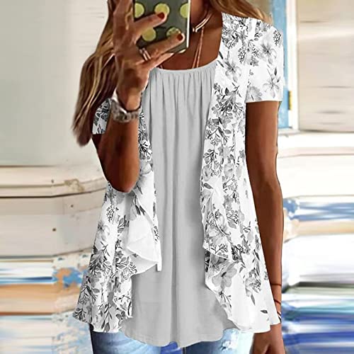 Lexi™ - Blouses for Women Dressy Casual Crewneck Short Sleeve T Shirts Summer Elegant Floral Printed Cardigan Two Piece Tops