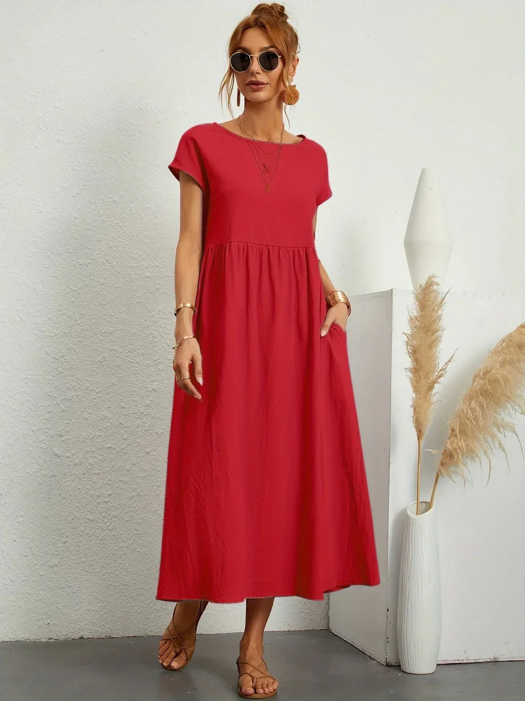 Osana™ - Elegant Short Sleeve Cotton Pleated Dress