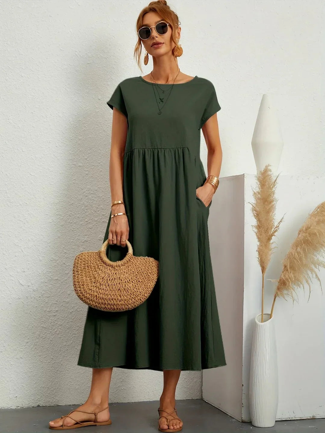 Osana™ - Elegant Short Sleeve Cotton Pleated Dress