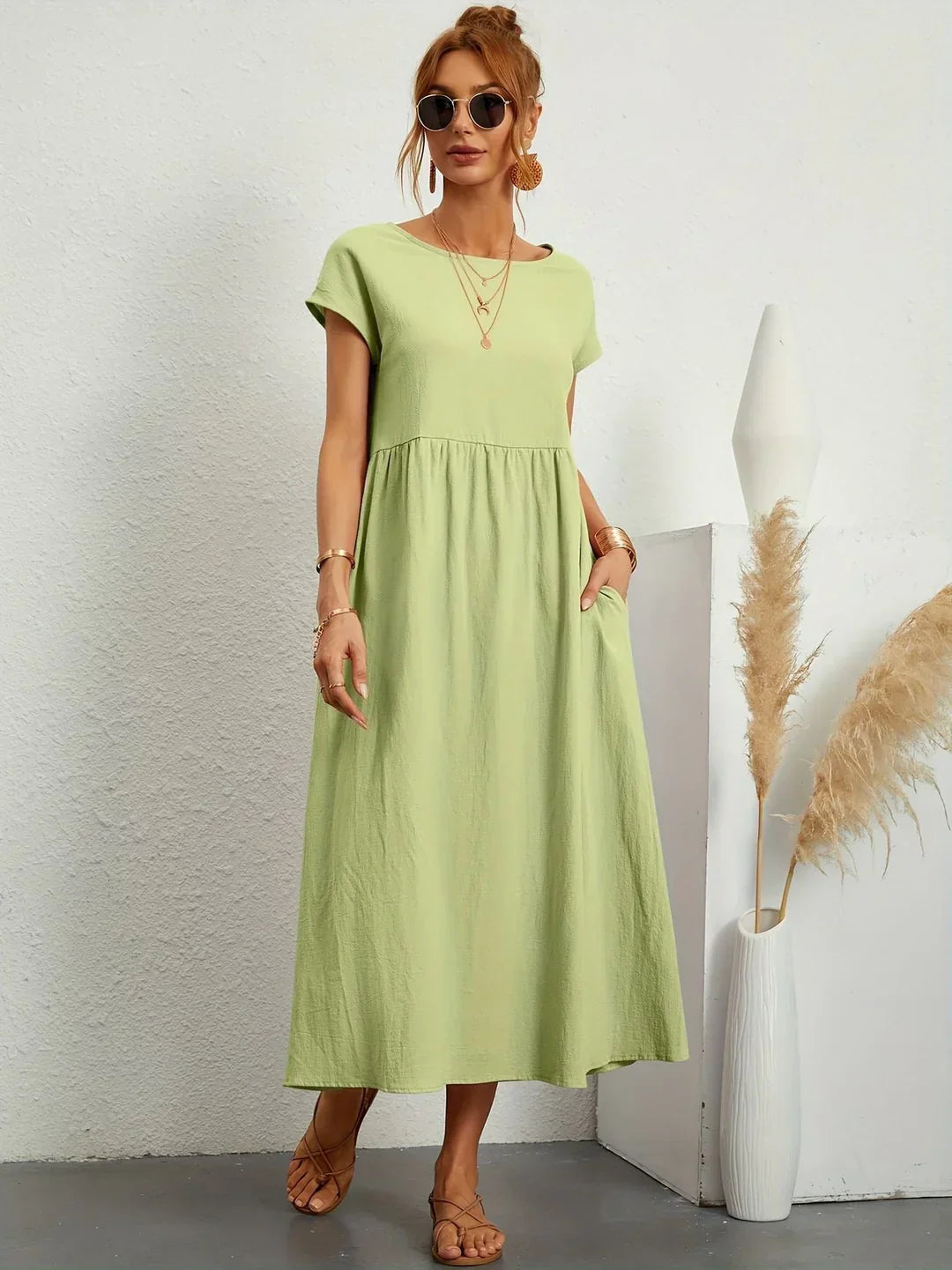 Osana™ - Elegant Short Sleeve Cotton Pleated Dress